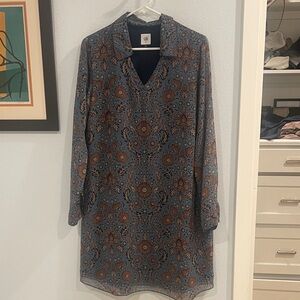 CAbi Blue and Brown Floral Long Sleeve Dress